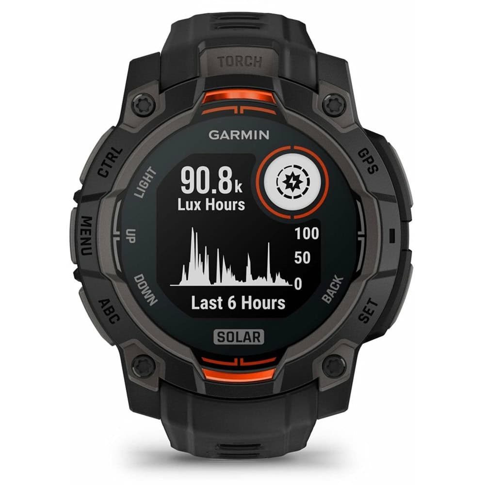 Смарт часовник Garmin Instinct 3 - 45mm Black, дизайн с два прозореца, 1.1" x 1.1" (27.0 cm) MIP дисплей, Bluetooth, ANT+, GPS, 128MB вградена памет, вградено фенерче, компас, 10ATM, до 28 дни време на работа, черен