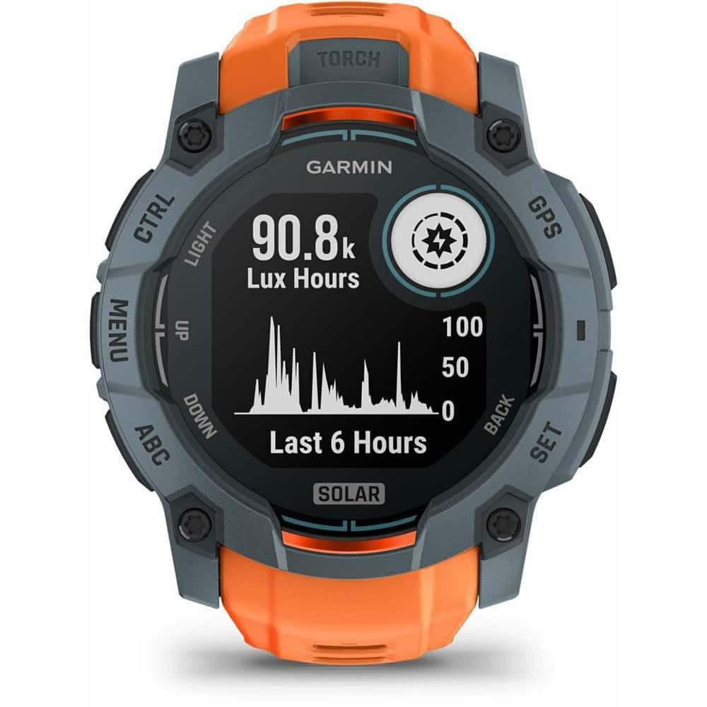 Смарт часовник Garmin Instinct 3 - 50mm Solar Twilight, дизайн с два прозореца, 1.1" x 1.1" (27.0 cm) MIP дисплей, Bluetooth, ANT+, GPS, 128MB вградена памет, вградено фенерче, компас, 10ATM, до 40 дни време на работа, оранжево-черен