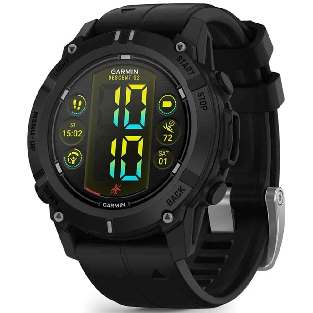 Смарт часовник Garmin Descent G2 Black, 1.2" (3.04cm) AMOLED дисплей, Bluetooth, ANT+, GPS, 4GB Flash памет, гмуркане до 100m, акселерометър, пулсомер, компас, термометър, Connect IQ, до 12 дни живот на батерията, черен