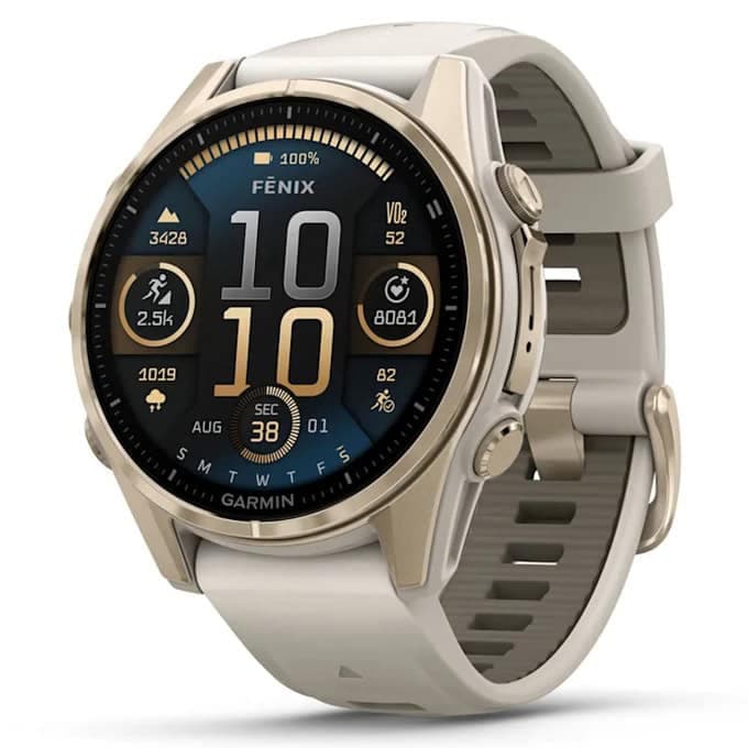 Смарт часовник Garmin fenix 8 43mm (Fog Grey/Dark Sandstone), 1.3" (3.3cm) AMOLED дисплей, Bluetooth, ANT+, Wi-Fi, GPS, 32GB Flash памет, мониторинг на съня, следене на сърдечния ритъм, 10ATM, до 10 дни време на работа, Sapphire/Soft Gold, бежов
