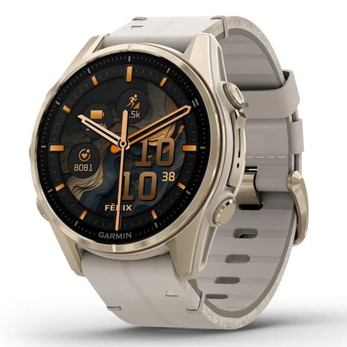 Смарт часовник Garmin fenix 8 43mm (Limestone), 1.3" (3.3cm) AMOLED дисплей, Bluetooth, ANT+, Wi-Fi, GPS, 32GB Flash памет, мониторинг на съня, следене на сърдечния ритъм, 10ATM, до 10 дни време на работа, Sapphire/Soft Gold, бежов