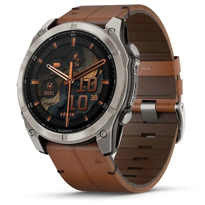 Смарт часовник Garmin fenix 8 51mm (Chestnut), 1.4" (3.55cm) AMOLED дисплей, Bluetooth, ANT+, Wi-Fi, GPS, 32GB Flash памет, мониторинг на съня, следене на сърдечния ритъм, 10ATM, до 29 дни време на работа, Sapphire/Titanium, кожена каишка, кафяв