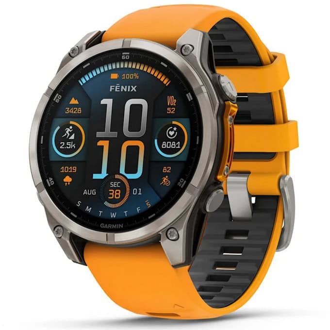 Смарт часовник Garmin fenix 8 47mm (Spark Orange/Graphite), 1.4" (3.55cm) AMOLED дисплей, Bluetooth, ANT+, Wi-Fi, GPS, 32GB Flash памет, мониторинг на съня, следене на сърдечния ритъм, 10ATM, до 16 дни време на работа, Sapphire/Titanium, оранжев