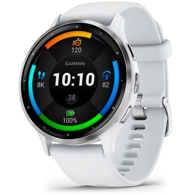 Смарт часовник Garmin Venu 3 (Silver/Whitestone), 1.4" (3.54cm) AMOLED дисплей, Bluetooth, ANT+, Wi-Fi, GPS, пулсомер, проследяване на стреса, мониторинг на съня, профили за бягане и плуване, 5ATM, до 14 дни живот на батерията, бял