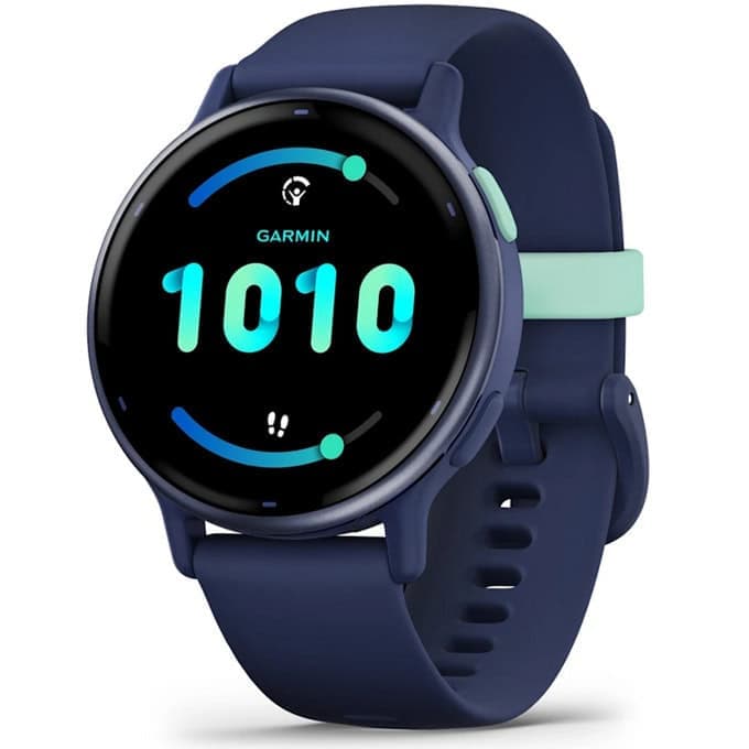 Смарт часовник Garmin vivoactive 5 (Metallic Navy/Navy), 1.2" (3.04cm) AMOLED дисплей, Bluetooth, ANT+, Wi-Fi, GPS, 4GB вградена памет, следене на сърдечен ритъм, измерване на стреса, мониторинг на съня, 5ATM, до 11 дни време на работа, син