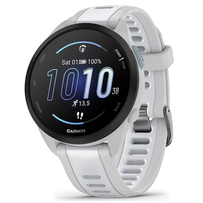 Смарт часовник Garmin Forerunner 165 (Mist Grey/Whitestone), 1.2" (3.04cm) AMOLED дисплей, Bluetooth, ANT+, GPS, 4GB Flash памет, пулсомер, измерване на SpO2, мониторинг на съня, 5ATM, до 11 дни време на работа, бял