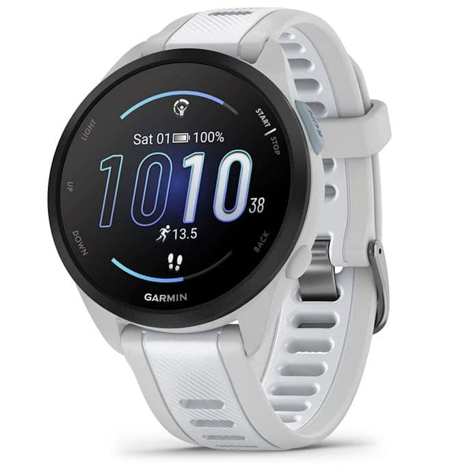 Смарт часовник Garmin Forerunner 165 Music (Mist Grey/Whitestone), 1.2" (3.04cm) AMOLED дисплей, Bluetooth, ANT+, Wi-Fi, GPS, 4GB Flash памет, пулсомер, измерване на SpO2, контролиране музиката на смартфона, 5ATM, до 11 дни време на работа, бял