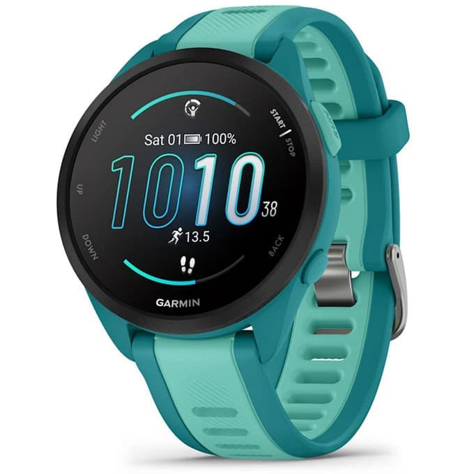 Смарт часовник Garmin Forerunner 165 Music (Turquoise/Aqua), 1.2" (3.04cm) AMOLED дисплей, Bluetooth, ANT+, Wi-Fi, GPS, 4GB Flash памет, пулсомер, измерване на SpO2, контролиране музиката на смартфона, 5ATM, до 11 дни време на работа, син
