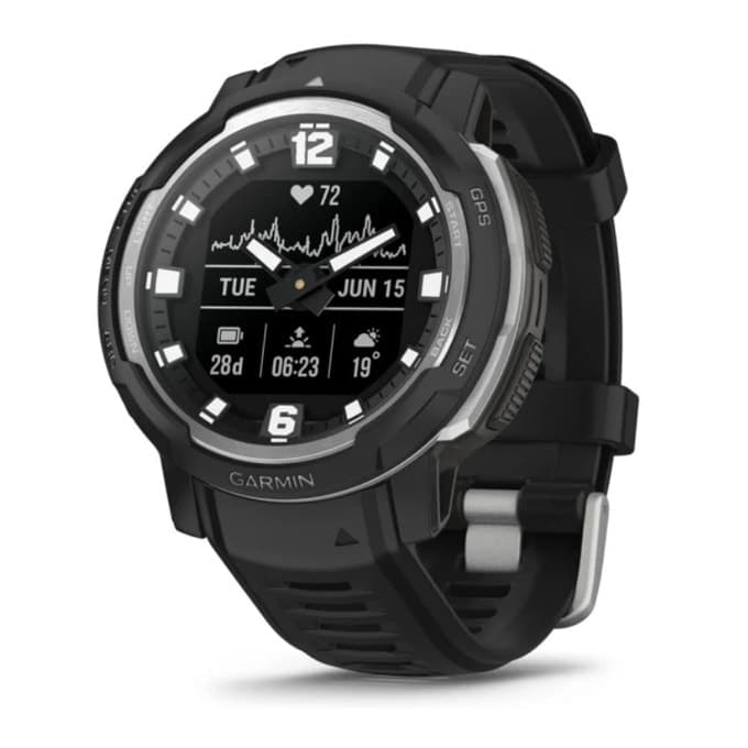 Смарт часовник Garmin Instinct Crossover, 0.9" x 0.9" (2.3 x 2.3cm) монохромен MIP дисплей, до 28 дни време на работа, 10ATM, 64 MB Flash памет, GPS, пулсомер, следене на съня, Bluetooth, ANT+ черен