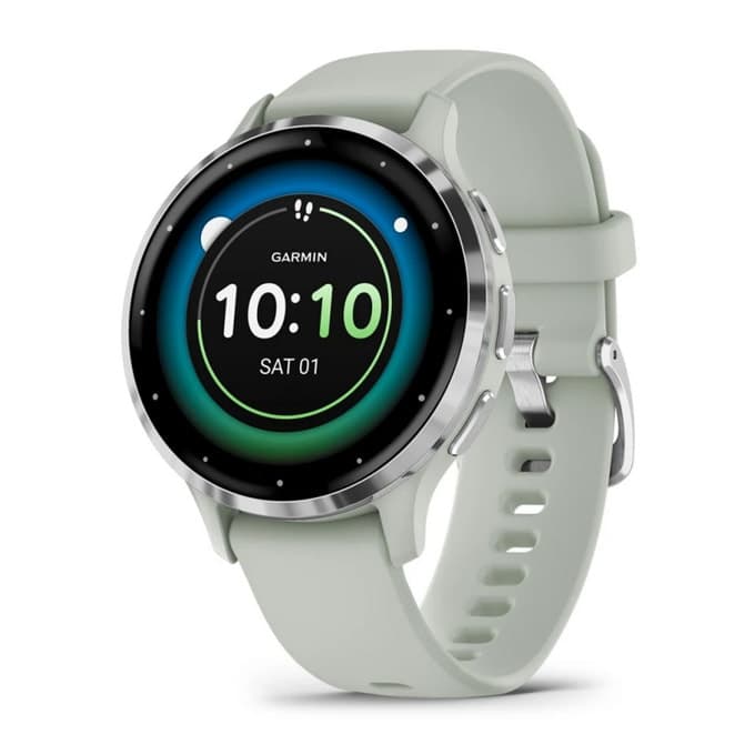 Смарт часовник Garmin Venu 3S, 1.2" (3.04cm) AMOLED дисплей, до 10 дни време на работа, 5ATM, Bluetooth, ANT+, Wi-Fi, GPS, пулсомер, следене на съня, сребрист безел със сиво-зелен корпус