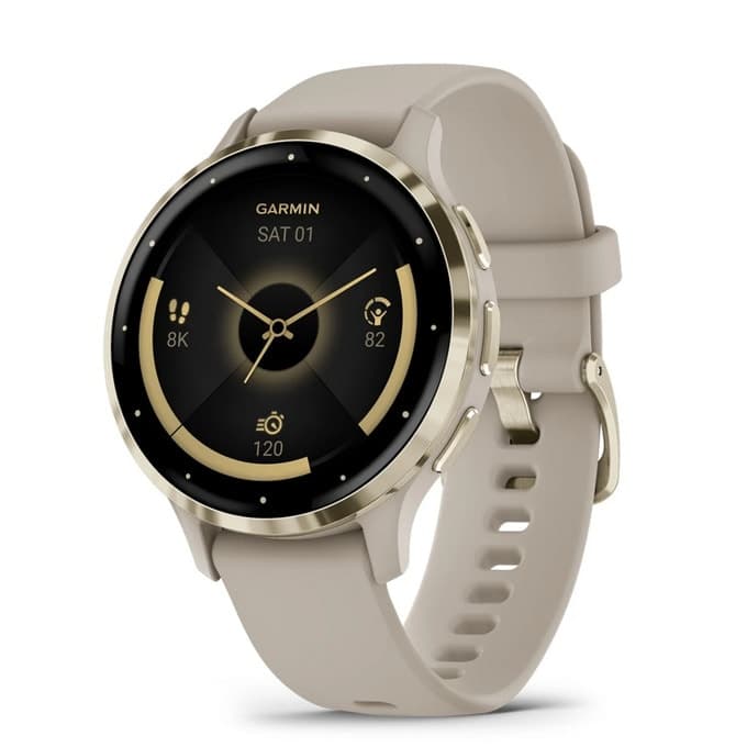 Смарт часовник Garmin Venu 3S, 1.2" (3.04cm) AMOLED дисплей, до 10 дни време на работа, 5ATM, Bluetooth, ANT+, Wi-Fi, GPS, пулсомер, следене на съня, силиконова каишка, златист безел със сив корпус