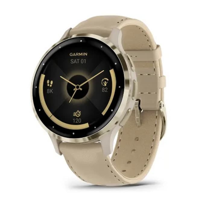 Смарт часовник Garmin Venu 3S, 1.2" (3.04cm) AMOLED дисплей, до 10 дни време на работа, 5ATM, Bluetooth, ANT+, Wi-Fi, GPS, пулсомер, следене на съня, кожена каишка, златист безел със сив корпус
