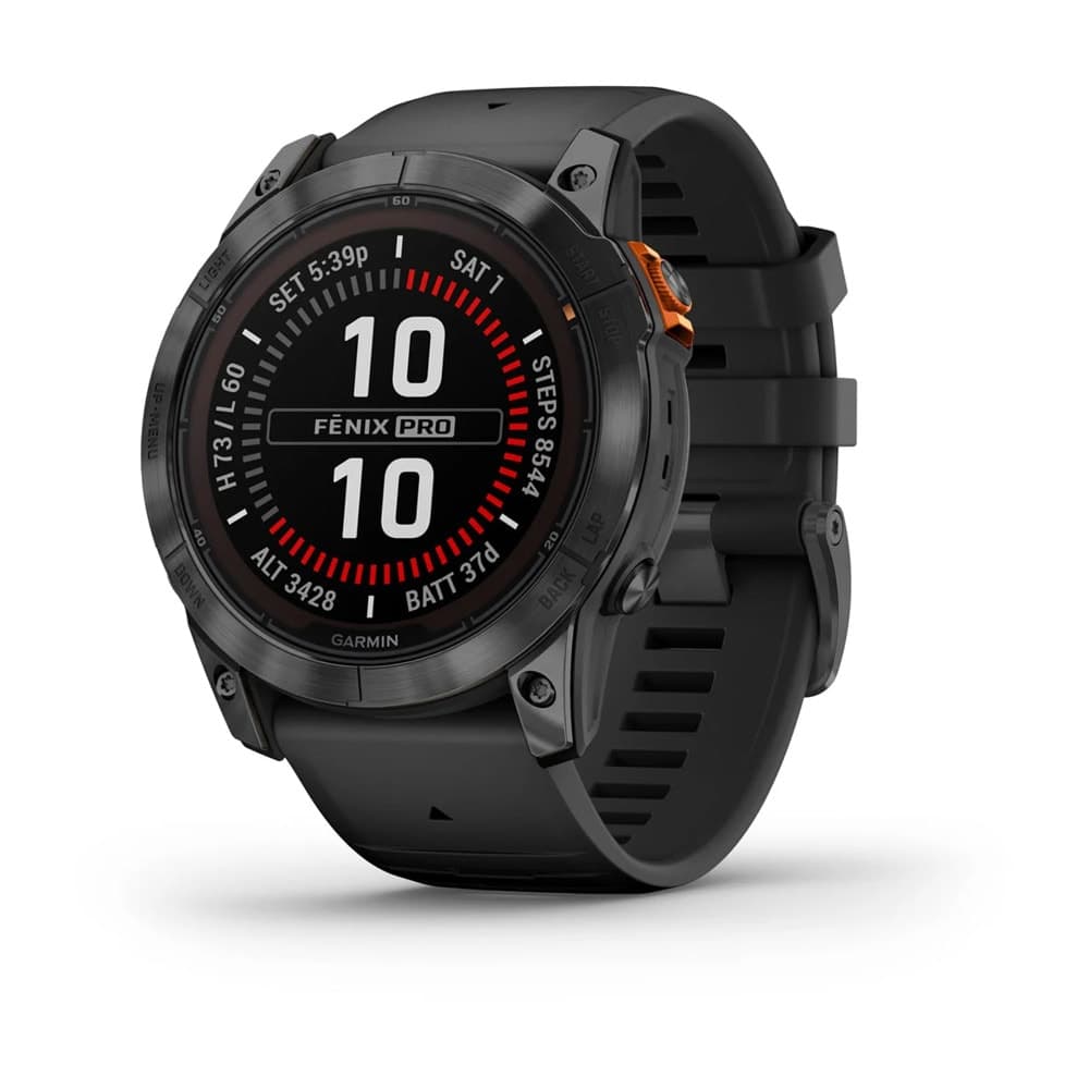 Смарт часовник Garmin fenix 7X Pro Solar Edition, Slate Grey, 1.4"(35.56 mm) Power Sapphire дисплей, 32GB, водоустойчивост, до 37 дни време на работа, соларно зареждане, GPS, компас, Slate Grey с Black каишка
