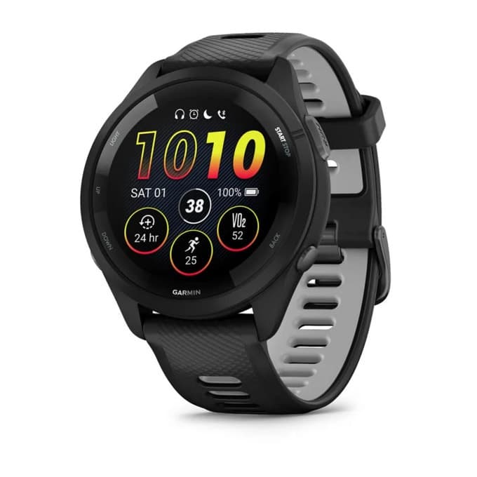 Смарт часовник Garmin Forerunner 265 Powder Gray, 32.5mm (1.3"), Bluetooth, Wi-Fi, до 13 дни време за работа, множество фитнес функции, профили за бягане, 8GB Flash памет, черен корпус със сиво-черна каишка