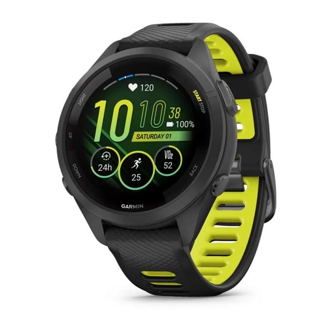 Смарт часовник Garmin Forerunner 265S Amp Yellow, за бегачи, 28.1мм (1.1"), Bluetooth, Wi-Fi, до 15 дни време за работа, 8GB Flash памет, GPS, женско здраве, функции за бягане, черен корпус с жълто-черна каишка