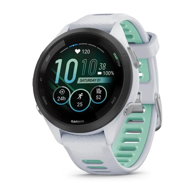 Смарт часовник Garmin Forerunner 265S Neo Tropic, за бегачи, 28.1мм (1.1"), Bluetooth, Wi-Fi, до 15 дни време за работа, 8GB Flash памет, GPS, женско здраве, функции за бягане, бял корпус сиво-зелена каишка