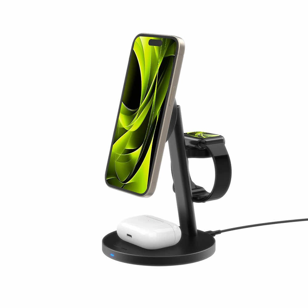 Тройна поставка за безжично зареждане за iPhone с MagSafe, Apple Watch, AirPods - Mobile Origin Qi2 25W 3-in-1 PW40 PowerStand Pro