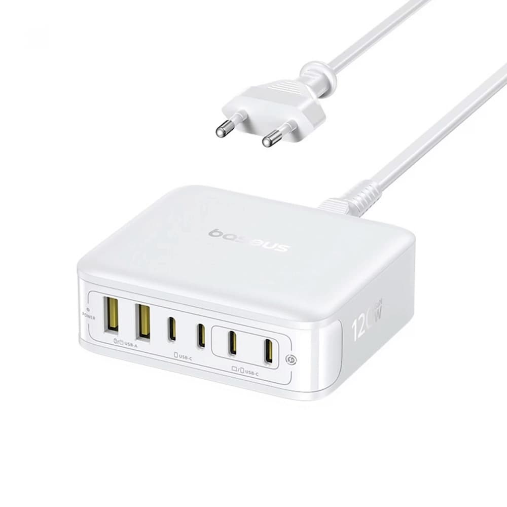 Захранване за ел. мрежа с 2xUSB-A и 4xUSB-C изходи с технология за бързо зареждане - Baseus EnerFill FH21 GaN Fast Desktop Charger 120W (white)