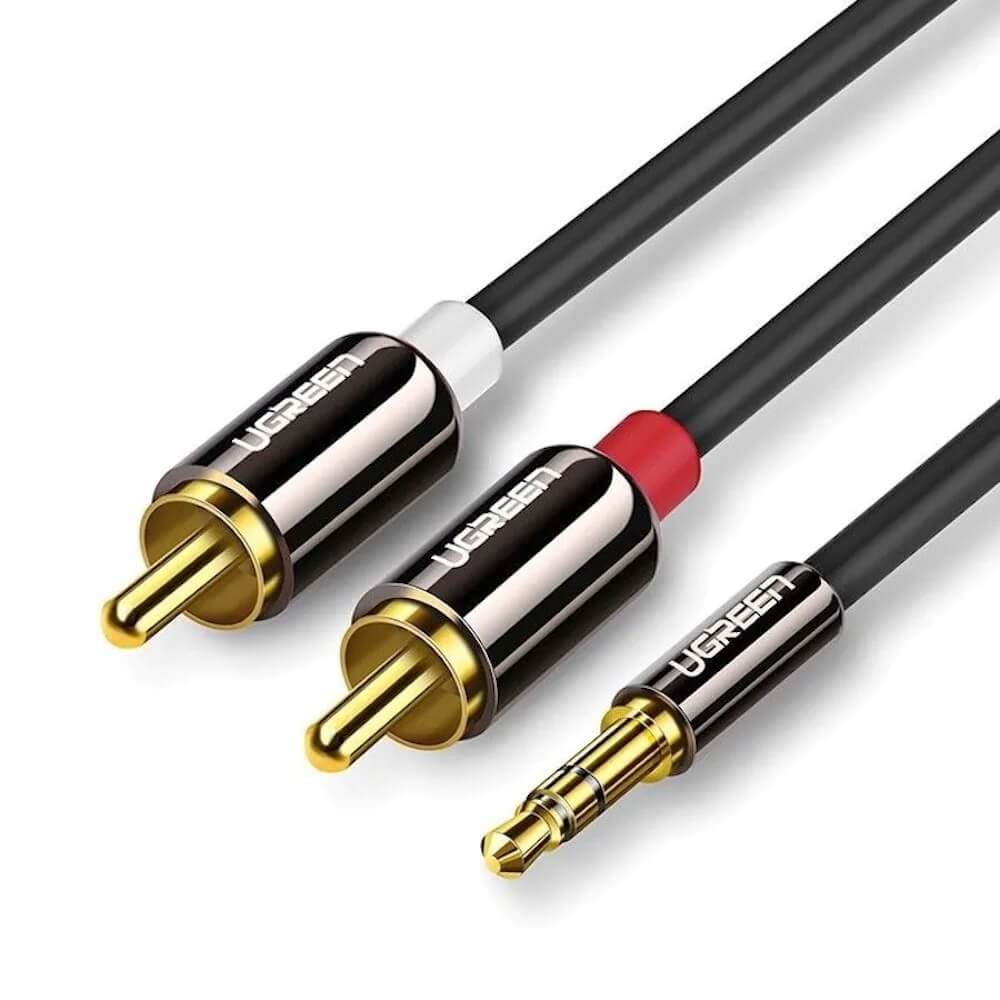 Качествен аудио кабел 2xRCA (мъжко) към 3.5mm (мъжко) - Ugreen AV116 2xRCA Male to 3.5mm Male Audio Cable (150 см)