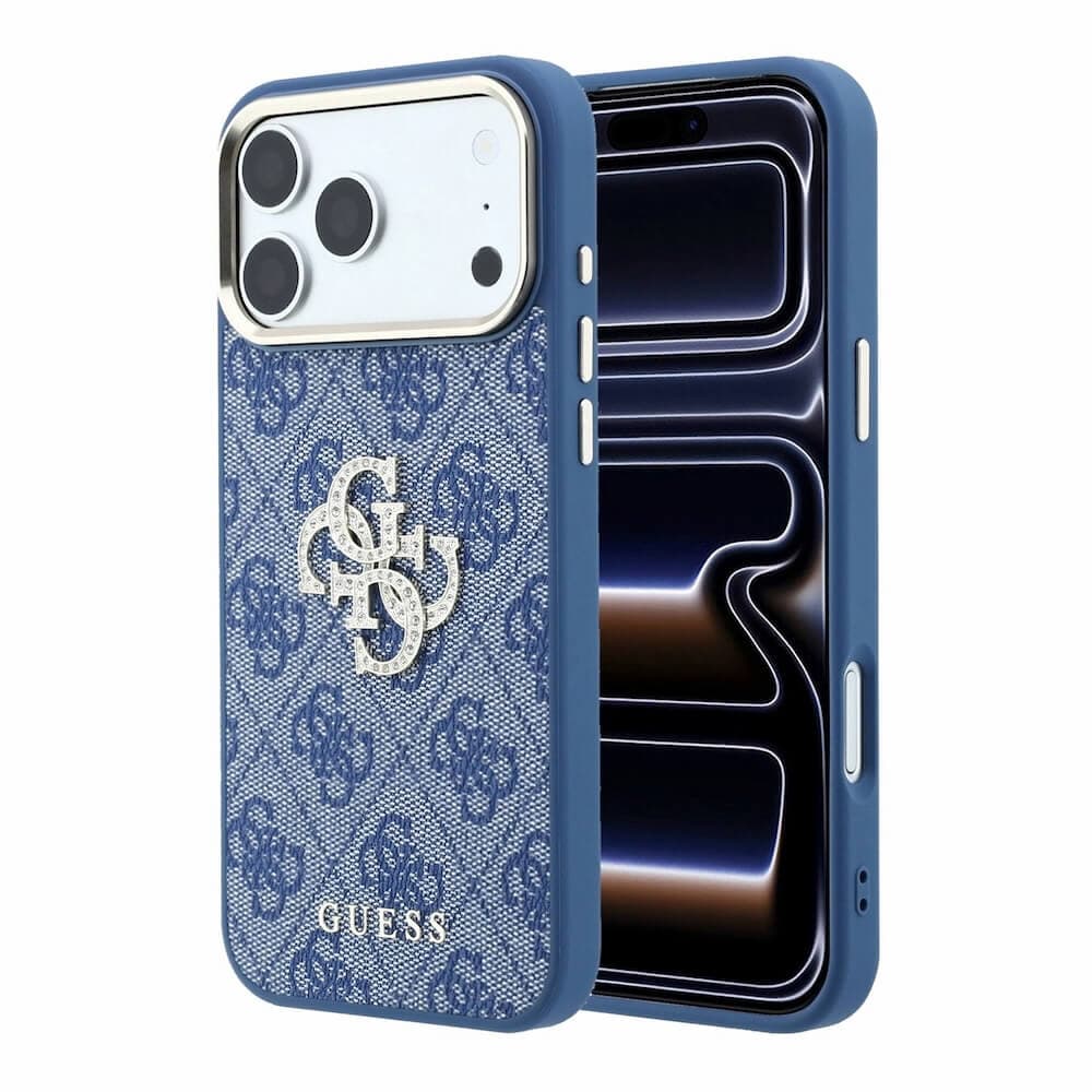 Дизайнерски удароустойчив кейс с MagSafe за iPhone 18 Pro Max - Guess PU 4G Strass Metal Logo Case for iPhone 18 Pro (blue)