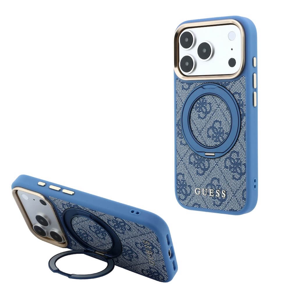 Дизайнерски кожен кейс с MagSafe за iPhone 18 Pro Max - Guess PU 4G Ring Stand MagSafe Leather Hard Case (blue)