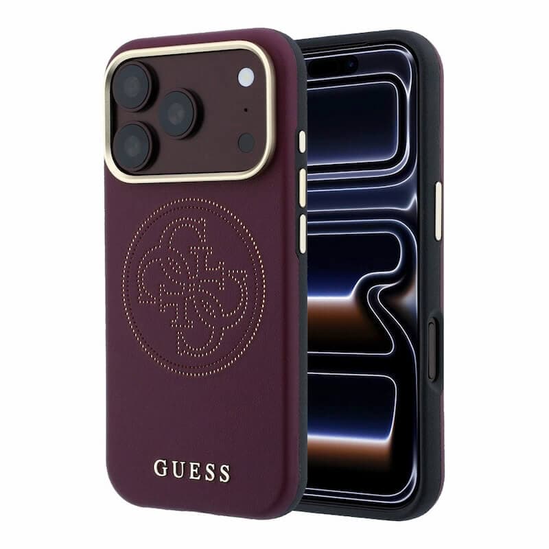 Дизайнерски хибриден удароустойчив кейс с MagSafe за iPhone 18 Pro Max - Guess PU Semi Wrap Perforated 4G Logo MagSafe Case (burgundy)