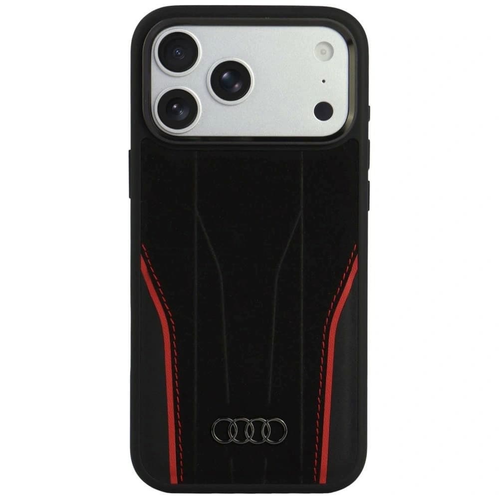 Дизайнерски кожен кейс с MagSafe за iPhone 18 Pro Max, iPhone 17 Pro Max - Audi R8 Genuine Leather Magnetic Case (black-red)