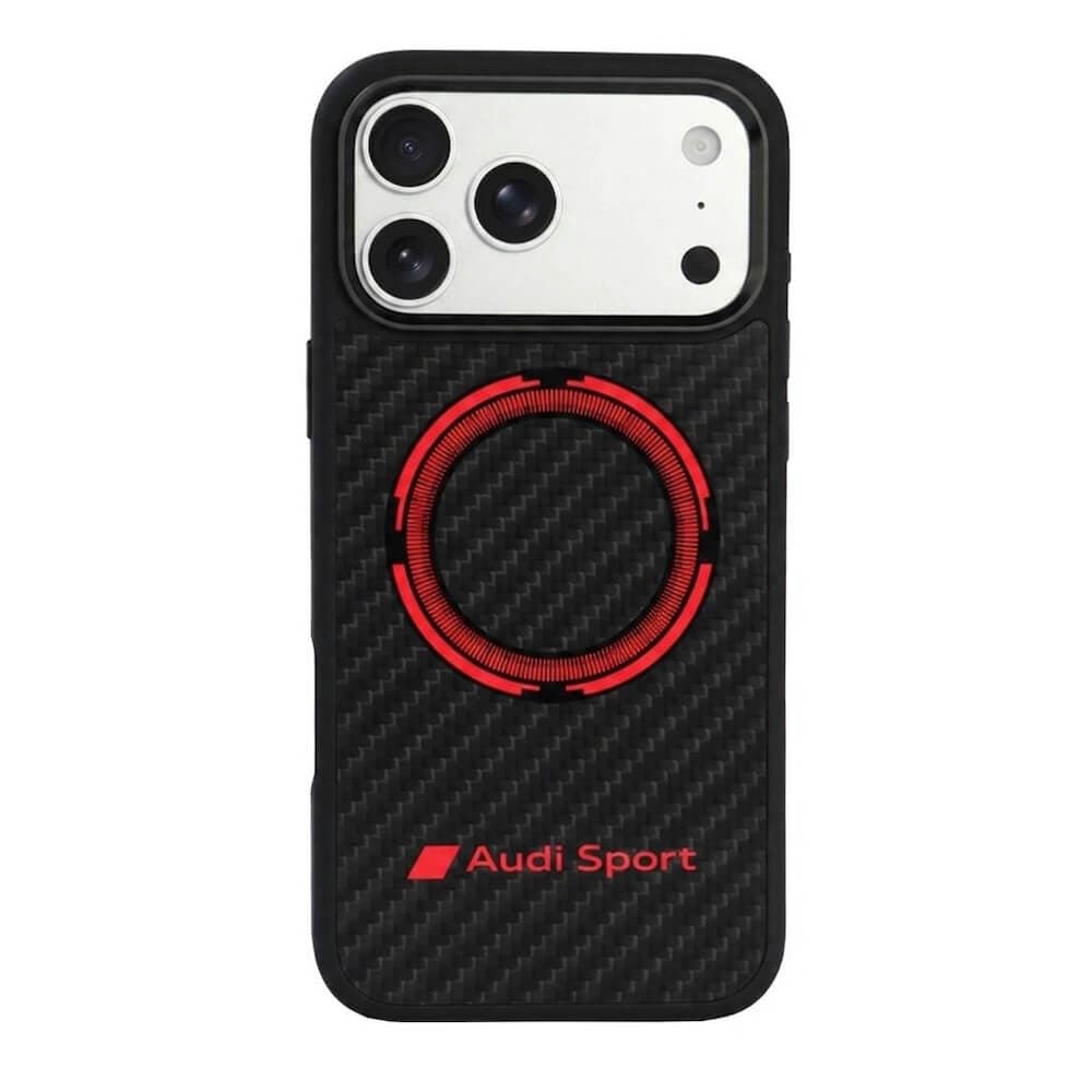 Дизайнерски карбонов кейс с MagSafe за iPhone 18 Pro Max, iPhone 17 Pro Max - Audi RSQ Carbon Fiber Red Circle MagSafe Hard Case (black)
