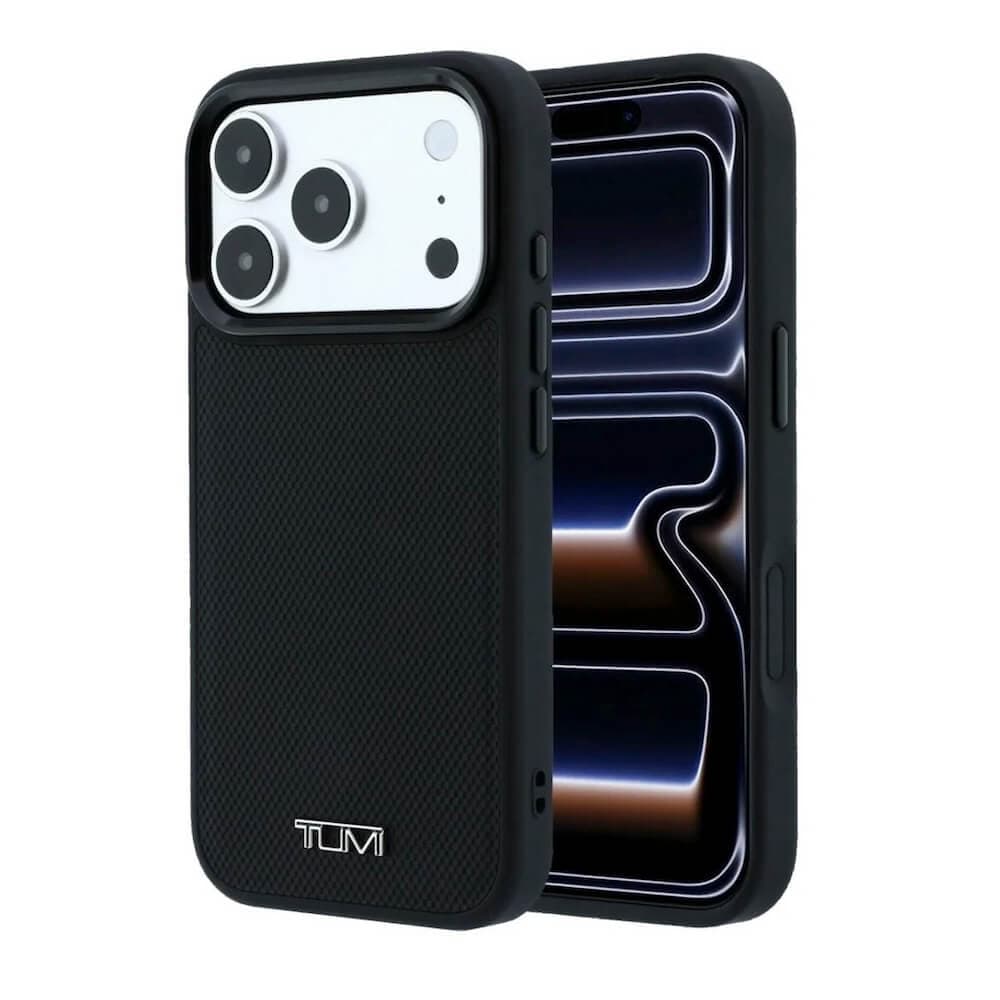Дизайнерски кожен кейс с MagSafe за iPhone 18 Pro, iPhone 17 Pro - Tumi Leather Ballistic Pattern MagSafe Case (black)