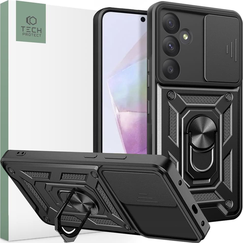 Хибриден удароустойчив кейс с пръстен против изпускане за Samsung Galaxy A35 5G - Tech-Protect CamShield Pro Hard Case (черен)