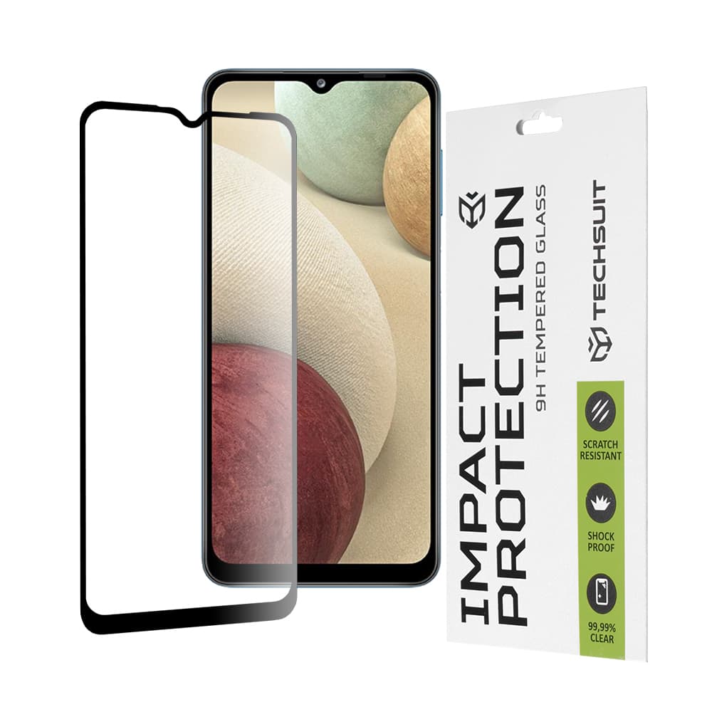 Калено стъклено защитно покритие за дисплея на Samsung Galaxy A02, M02, A12, A12 Nacho, F12, M12, A32 5G - Techsuit Full Glue Tempered Glass 111D (черен-прозрачен)