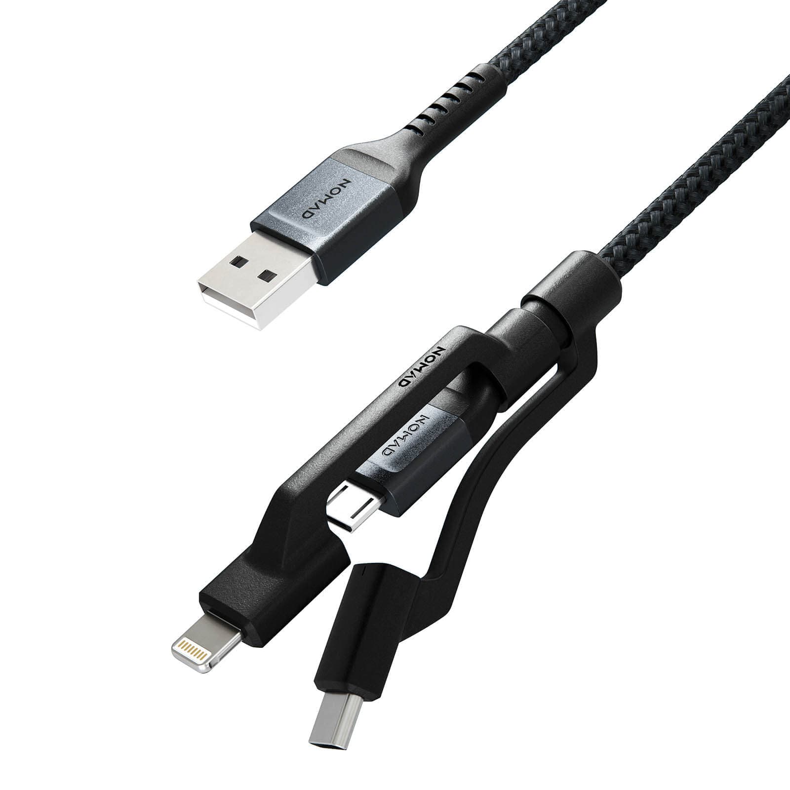 Здрав кевларен кабел за устройства с Lightning, microUSB и USB-C порт (30 см) - Nomad Kevlar USB-A to Universal Cable (черен)