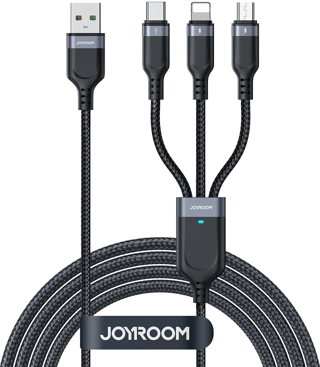 Универсален USB-A кабел с Lightning, microUSB и USB-C конектори (30 см) - Joyroom 3-in-1 USB-A Fast Charging Cable 3.5A (черен)
