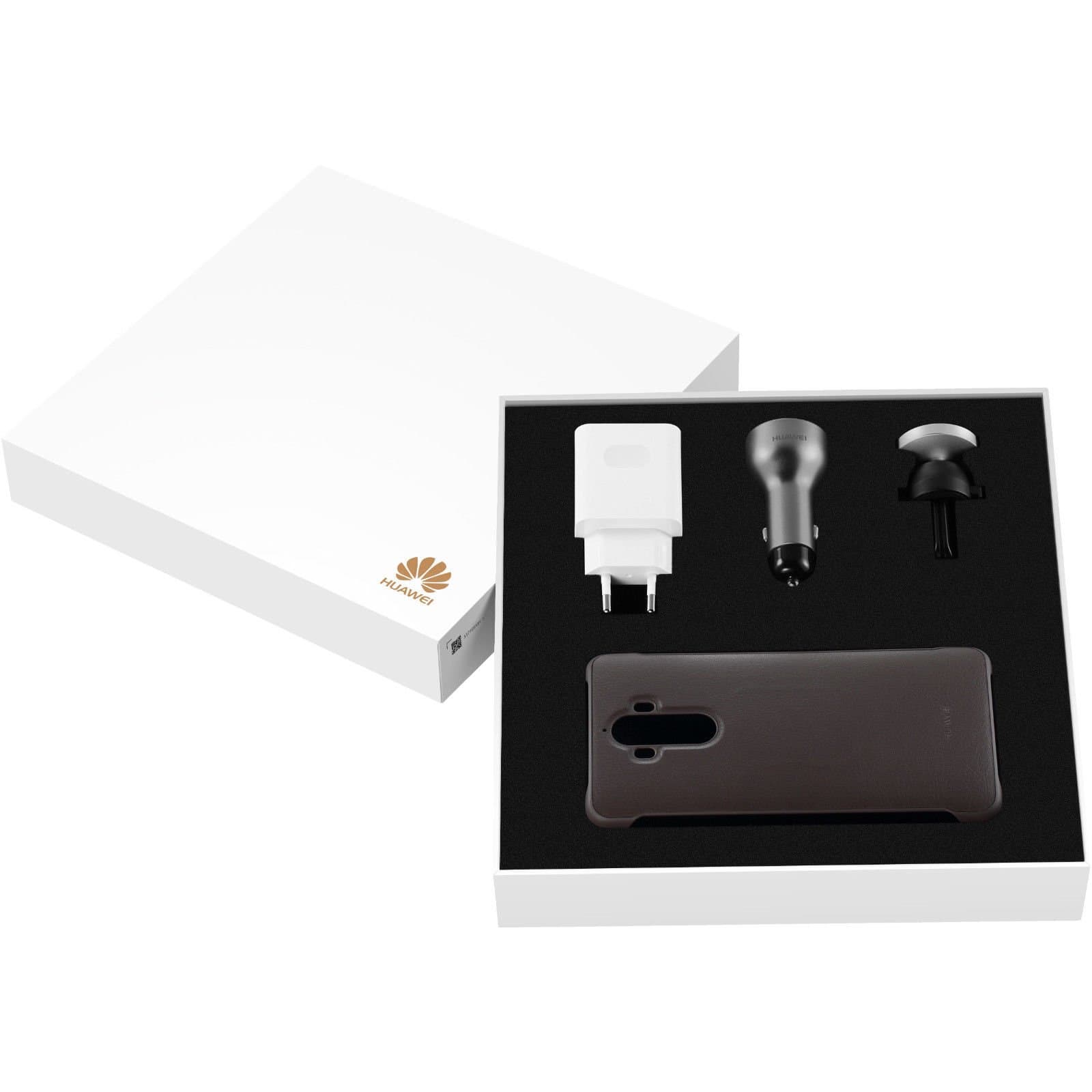 Оригинален комплект кожен кейс, зарядно за кола, USB-C кабел и магнитна поставка за Huawei Mate 9 - Huawei SuperCharge Gift Box