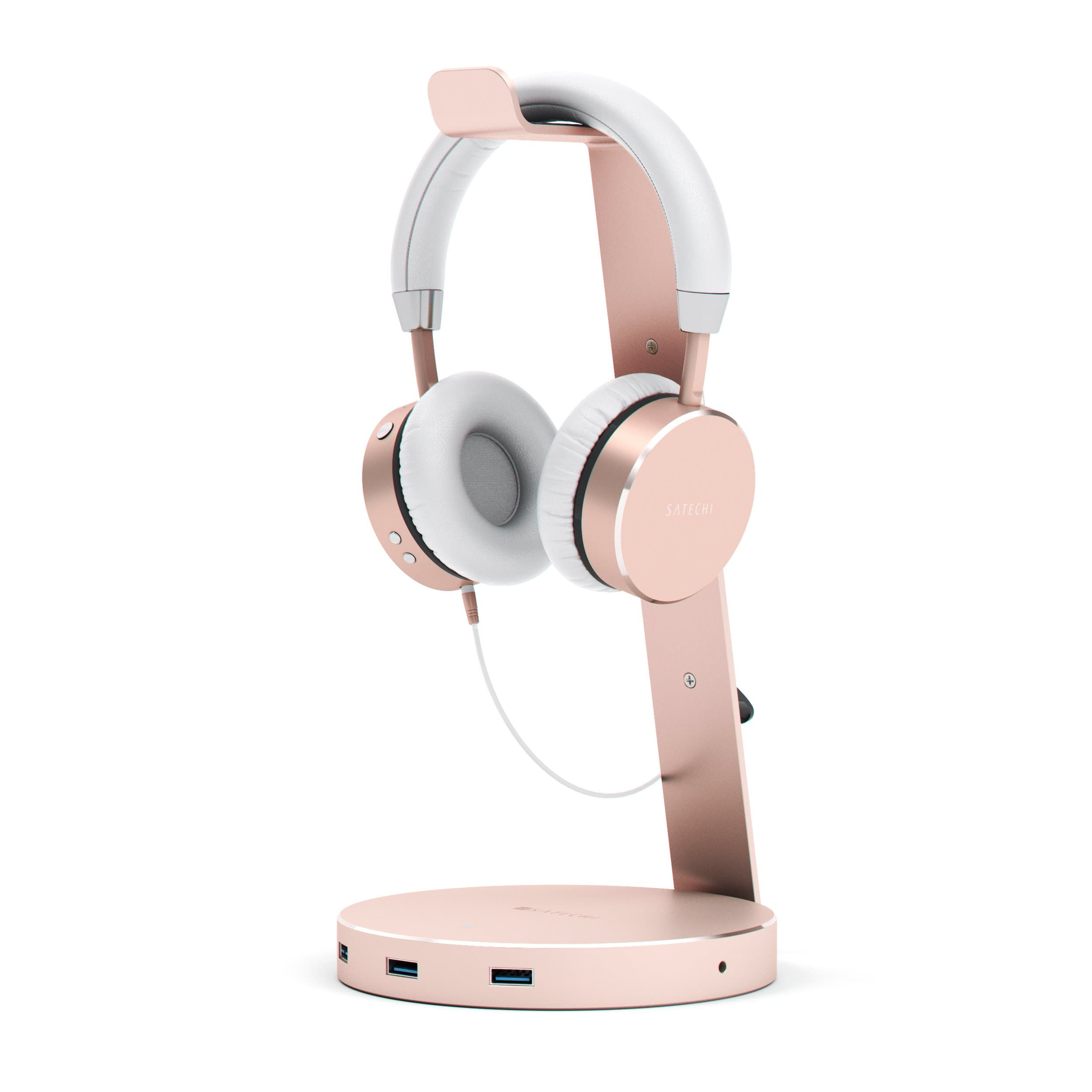 Дизайнерска алуминиева поставка за слушалки с USB изходи - Satechi Aluminium Headphone Stand (розово злато)
