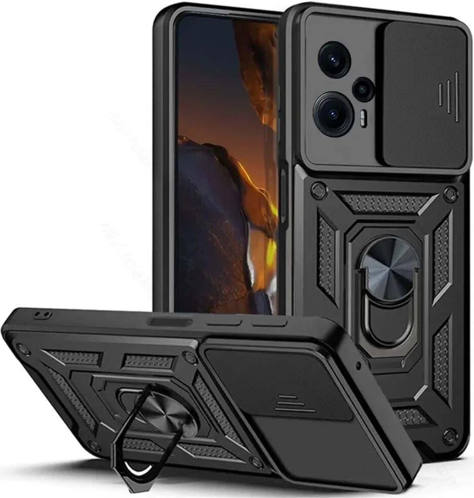 Хибриден удароустойчив кейс с пръстен против изпускане за Xiaomi Poco F5 - Tech-Protect CamShield Pro Hard Case (черен)