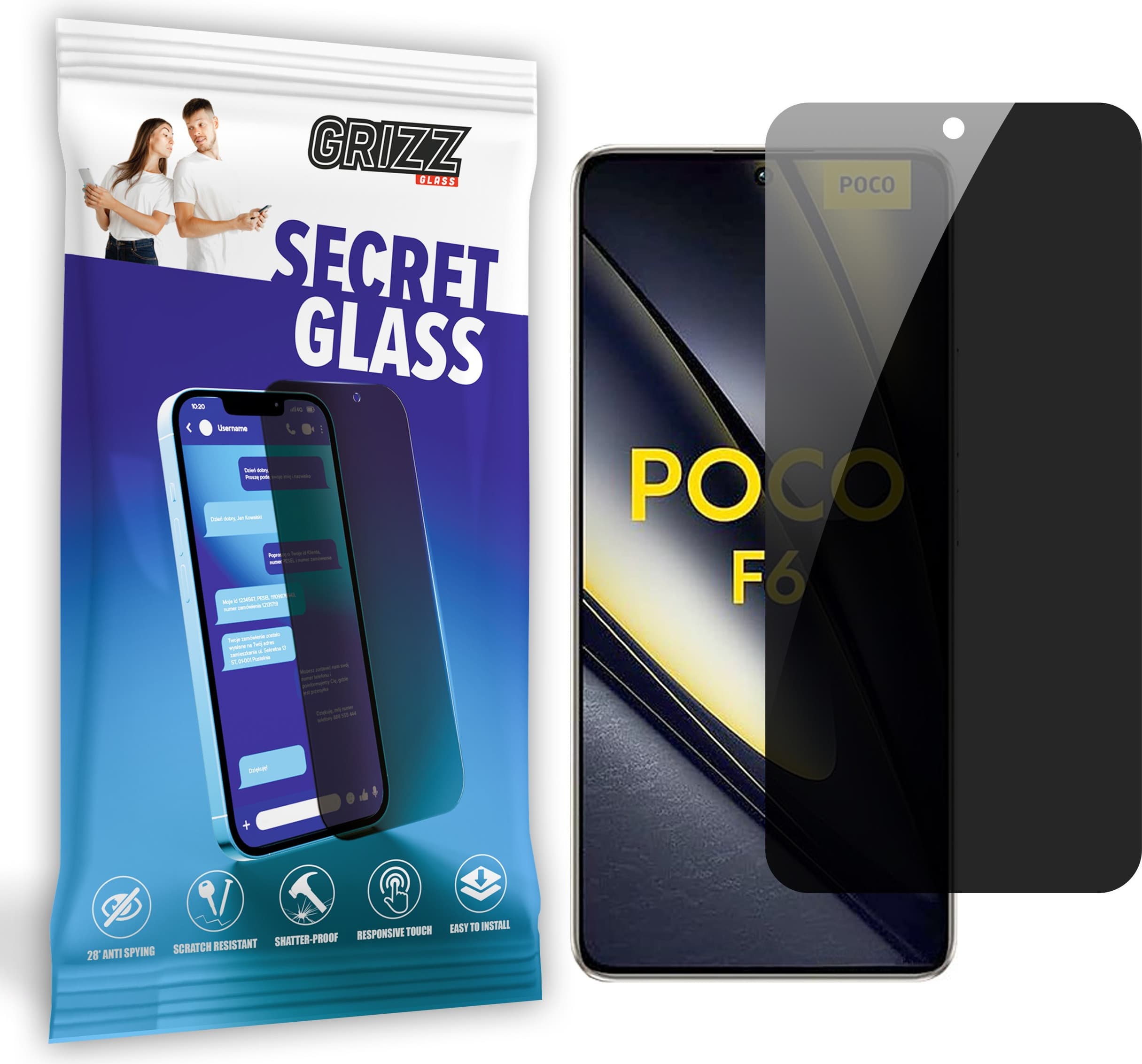 Хибридно защитно покритие с определен ъгъл на виждане за дисплея на Xiaomi POCO F6 - GrizzGlass SecretGlass Privacy Hybrid Screen Protector (прозрачно)