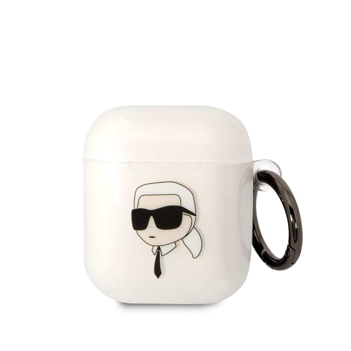 Силиконов калъф с карабинер за Apple AirPods и Apple AirPods 2 - Karl Lagerfeld AirPods 3D Logo NFT Karl Head Silicone Case (бял)