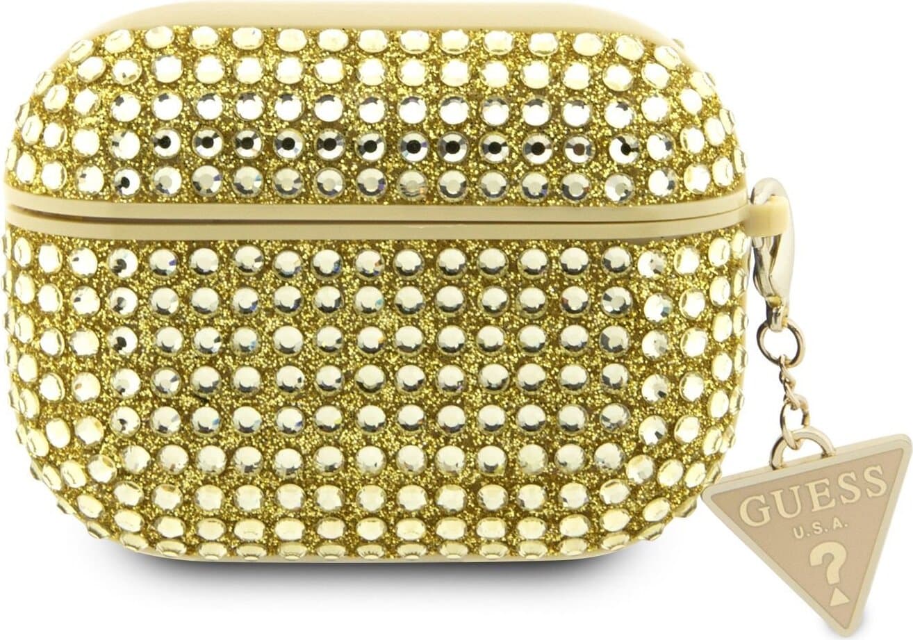 Кожен кейс с висулка за Apple Airpods Pro - Guess Airpods Pro Rhinestones Triangle Metal Logo Case (златист)