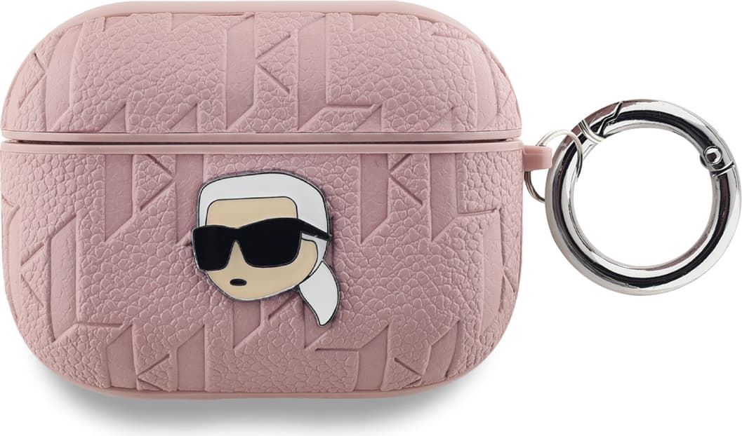 Кожен кейс с карабинер за Apple AirPods Pro - Karl Lagerfeld PU Embossed Karl Head Case (розов)