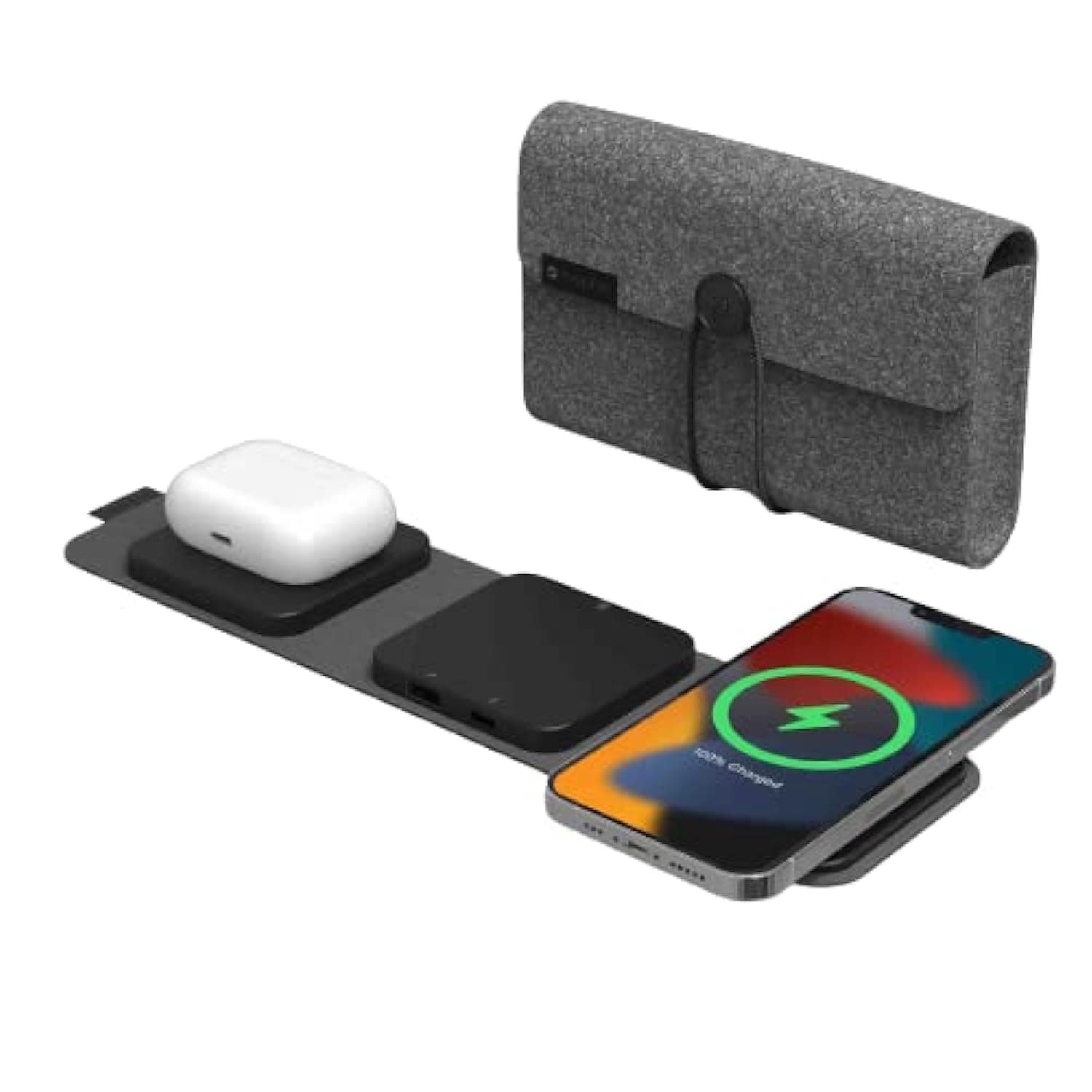 Сгъваема поставка (пад) за безжично зареждане за iPhone с MagSafe, Qi съвместими устройства и USB-C и USB-A портове - Mophie Snap Plus 3-in-1 Travel Charger (черен)