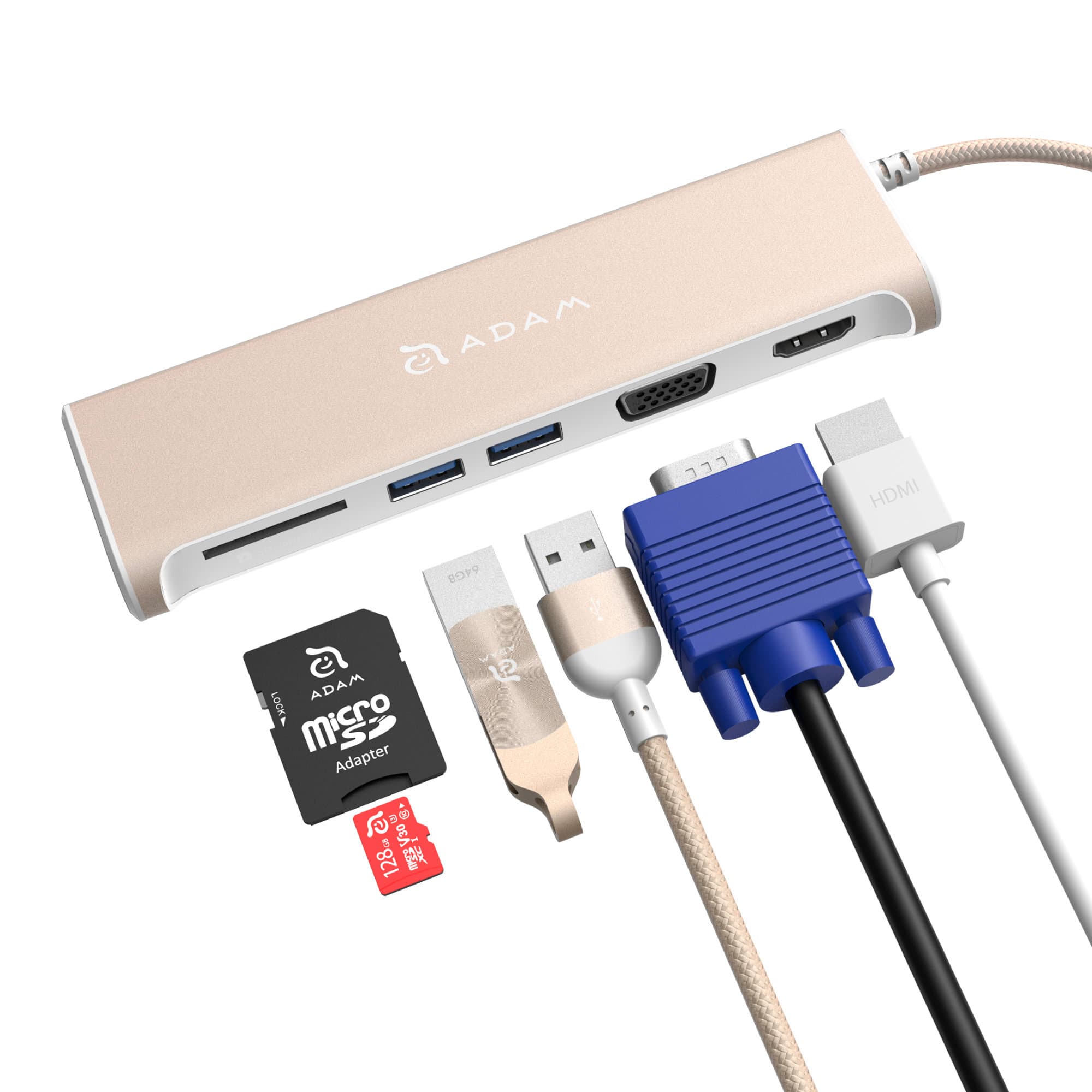 Adam Elements Casa Hub A03 - USB-C хъб с 2 USB изхода, HDMI порт, VGA порт и четец за карти памет за устройства с USB-C порт (златист)
