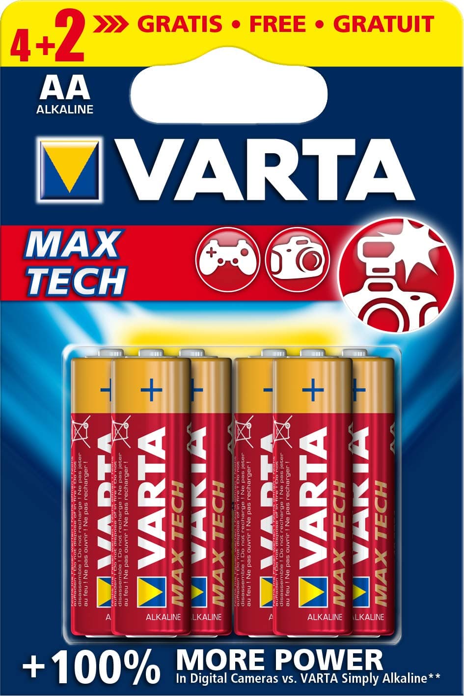 Алкални батерии Varta Longlife Max Power AA, 4+2бр.