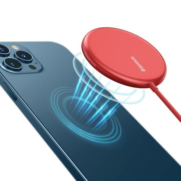 Поставка (пад) за безжично зареждане за iPhone с Magsafe и Qi съвместими устройства - Baseus Simple Mini Magnetic Wireless Charger (WXJK-H09) (червен)