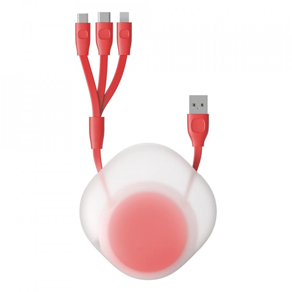 Универсален USB кабел с Lightning, microUSB и USB-C конектори (80 см) - Baseus Lets Go Little Reunion One-Way Stretchable 3-in-1 USB Cable (CAMLT-TY09) (червен)