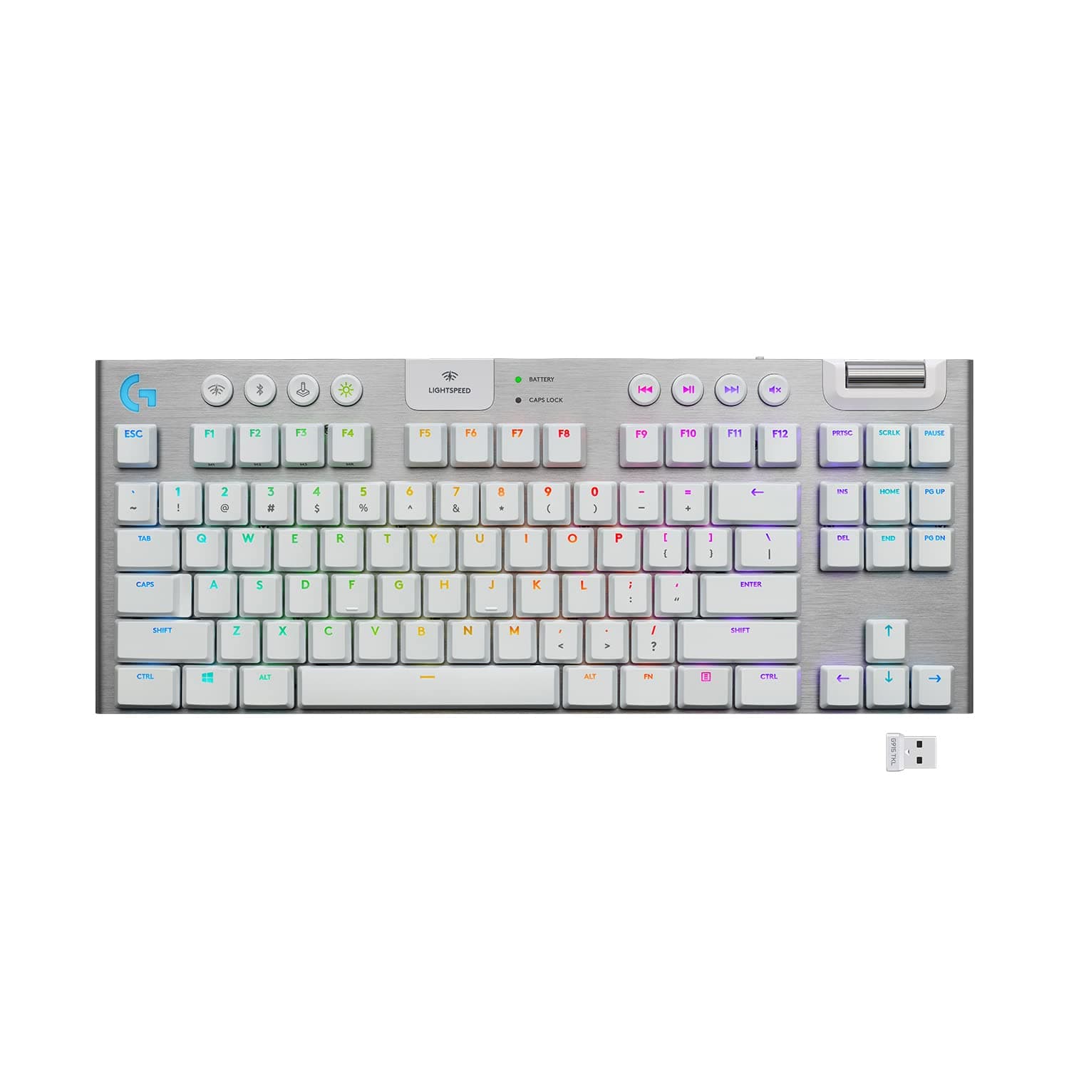 Клавиатура Logitech G915 TKL, безжична, механична, GL Tactile суичове, геймърска, RGB подсветка, нископрофилни клавиши, US layout, бяла, USB, Wireless, Bluetooth