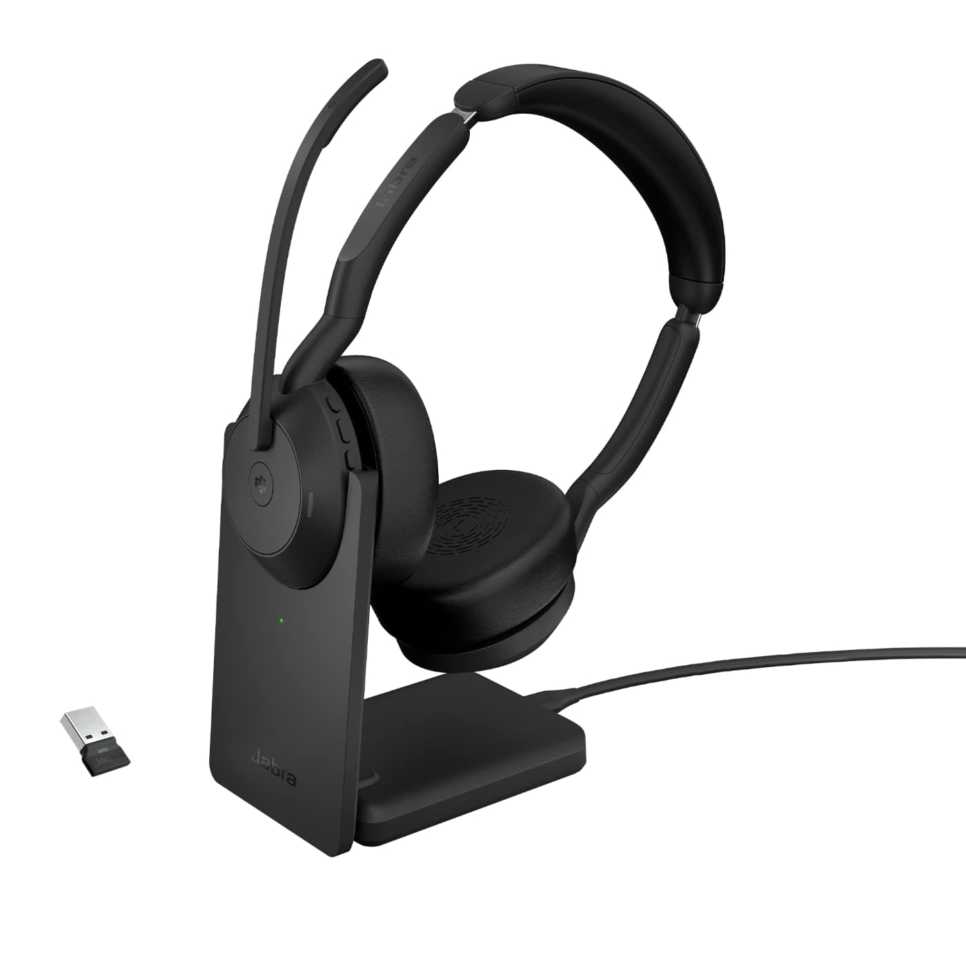 Слушалки Jabra Evolve2 55 (25599-999-989), безжични, безжични, Link380a USB-A Bluetooth адаптер, микрофон, 28mm драйвери, ANC, до 16 часа време на работа, Jabra SafeTone, сертифицирани за Microsoft Teams, зарядна стойка, черни