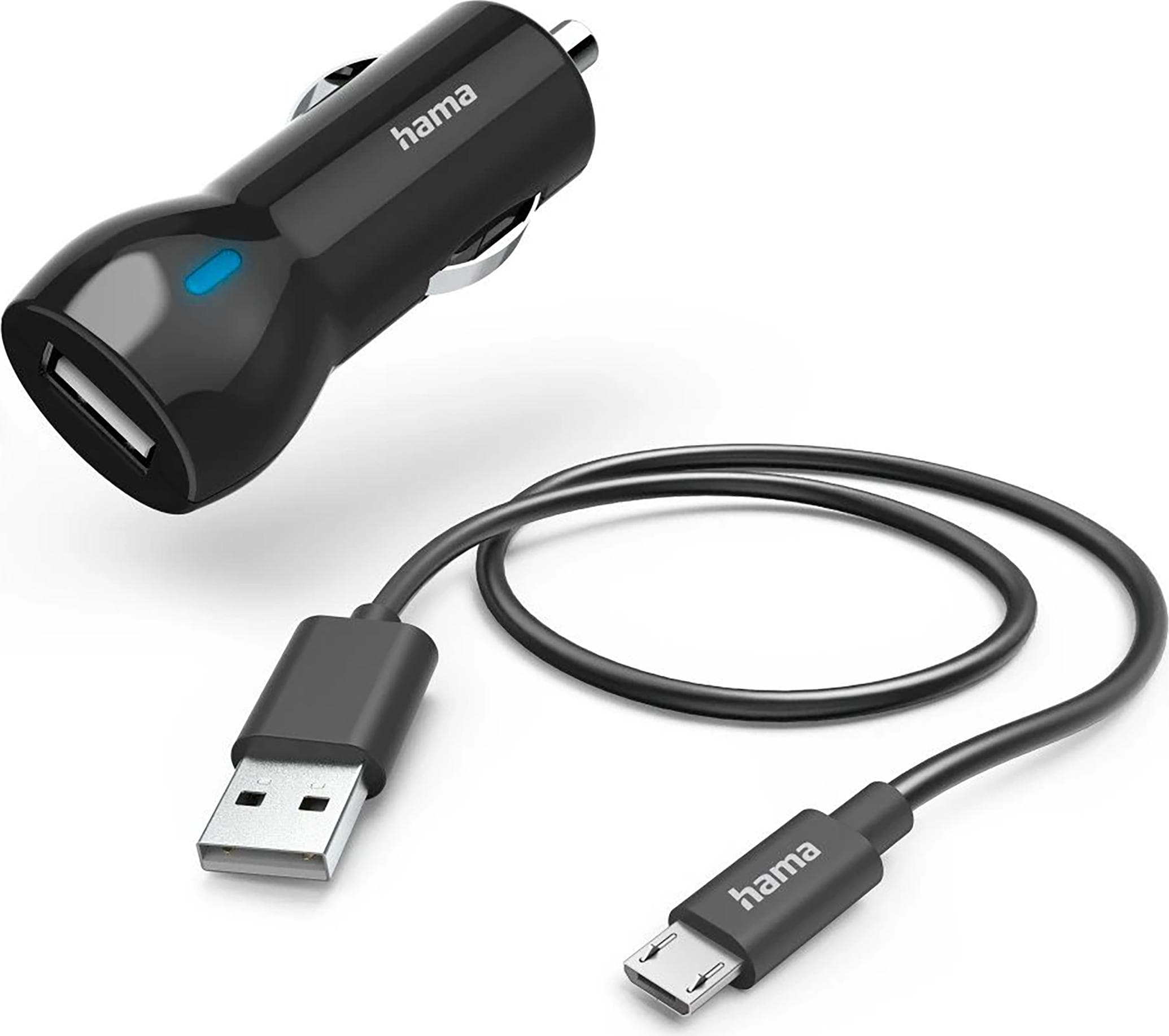 Зарядно устройство Hama 201613, от атвомобилна запалка към 1x USB-A(ж), 5V/2,4A, 12W, черно, в комплект с кабел от USB-А(м) към micro-USB(м)