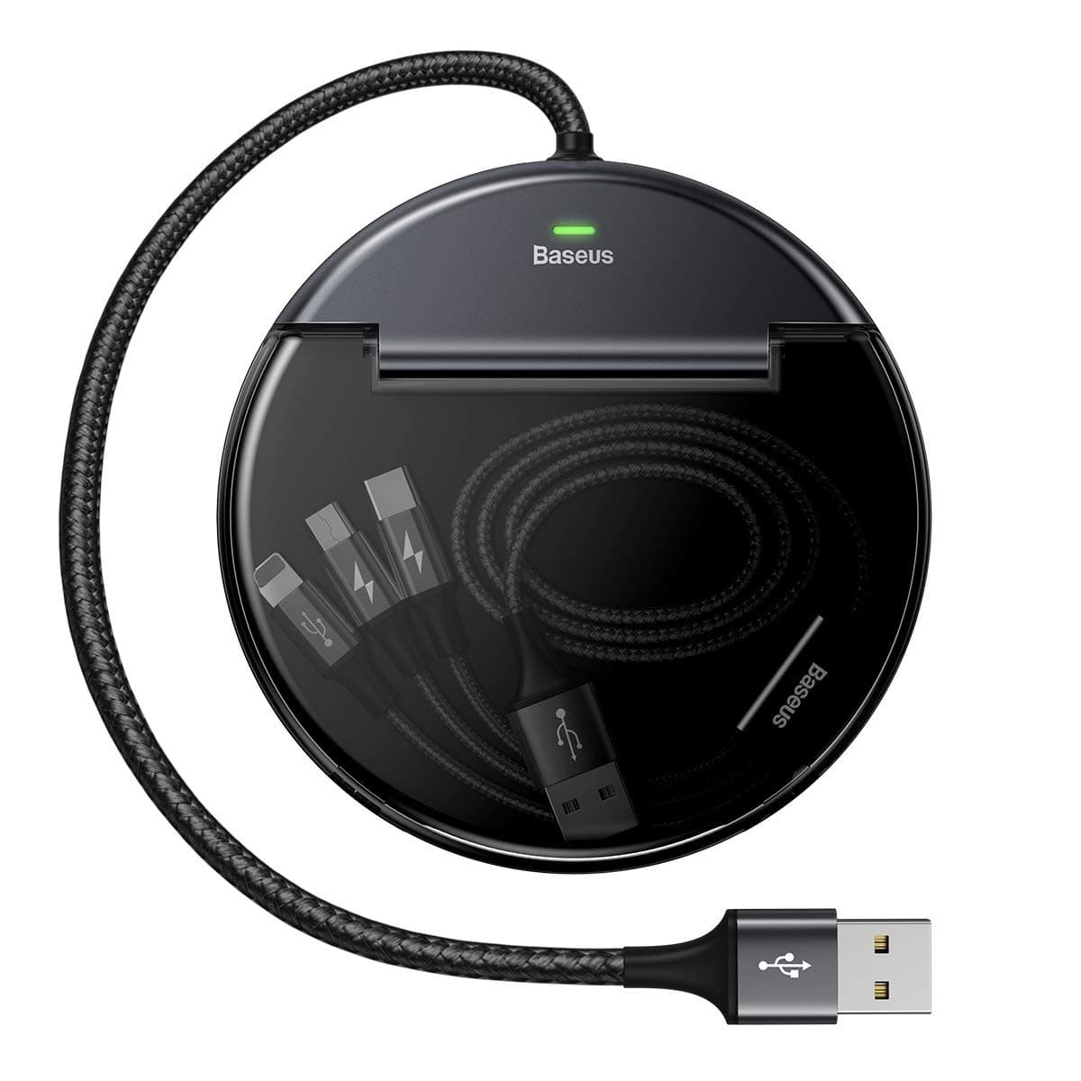 Кутия за организране на кабели с USB изходи и универсален 3-в-1 USB кабел с Lightning, microUSB и USB-C конектори - Baseus Car Sharing Charging Station (черен)