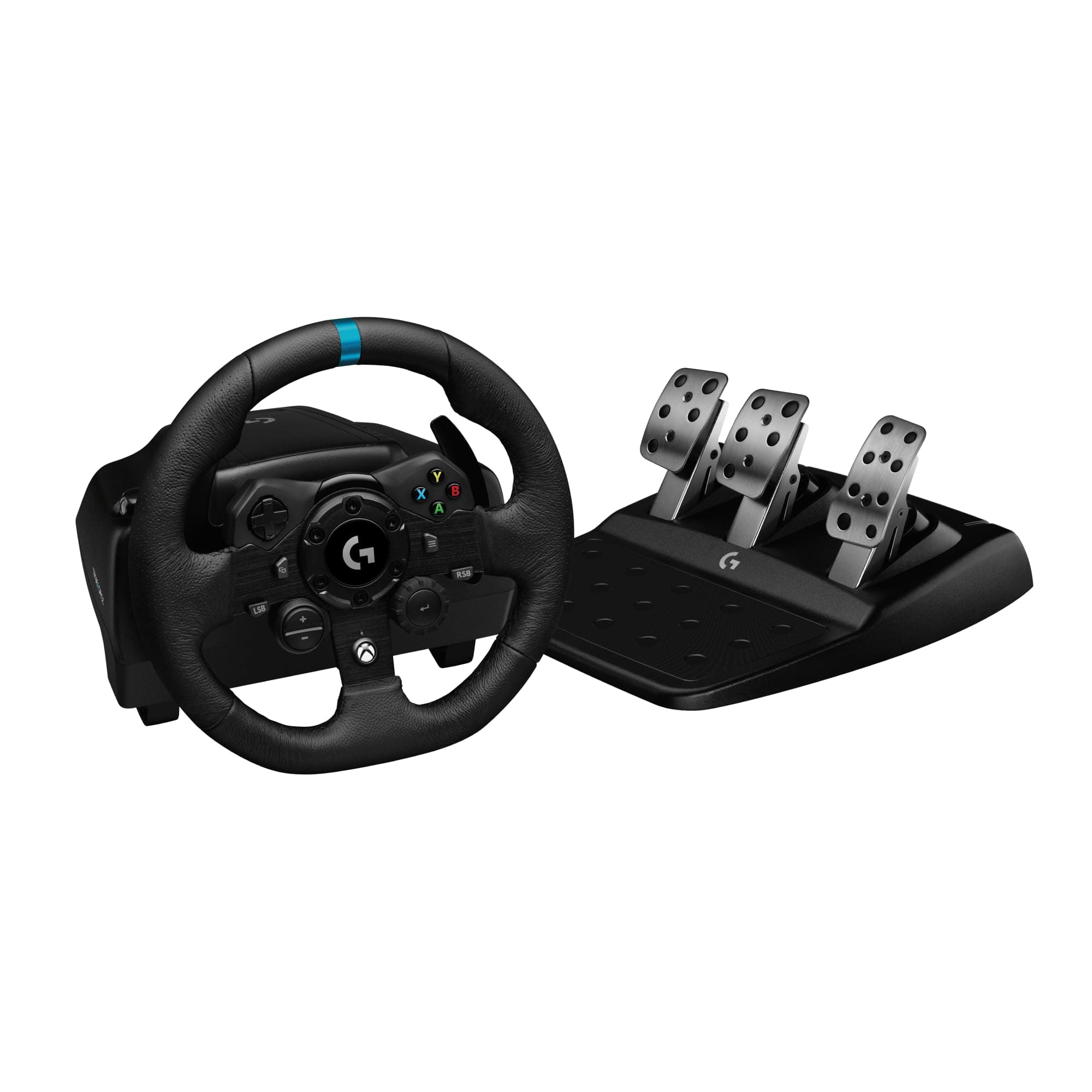 Logitech G923 Racing Wheel и педали, Xbox One, PC, 900° ротация, Trueforce Next-Gen Force Feedback, двоен съединител (в поддържаните игри), алуминий, стомана, кожа